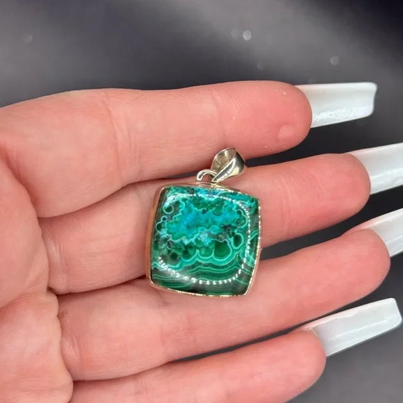 Chrysocolla & Malachite Gemstone 925 Sliver Pendant Calming Blues Square - Picture 2 of 5